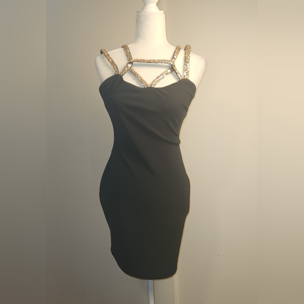 Red Clover Black Cocktail Mini Party Dress with Gold Sequin Straps Medium EUC
